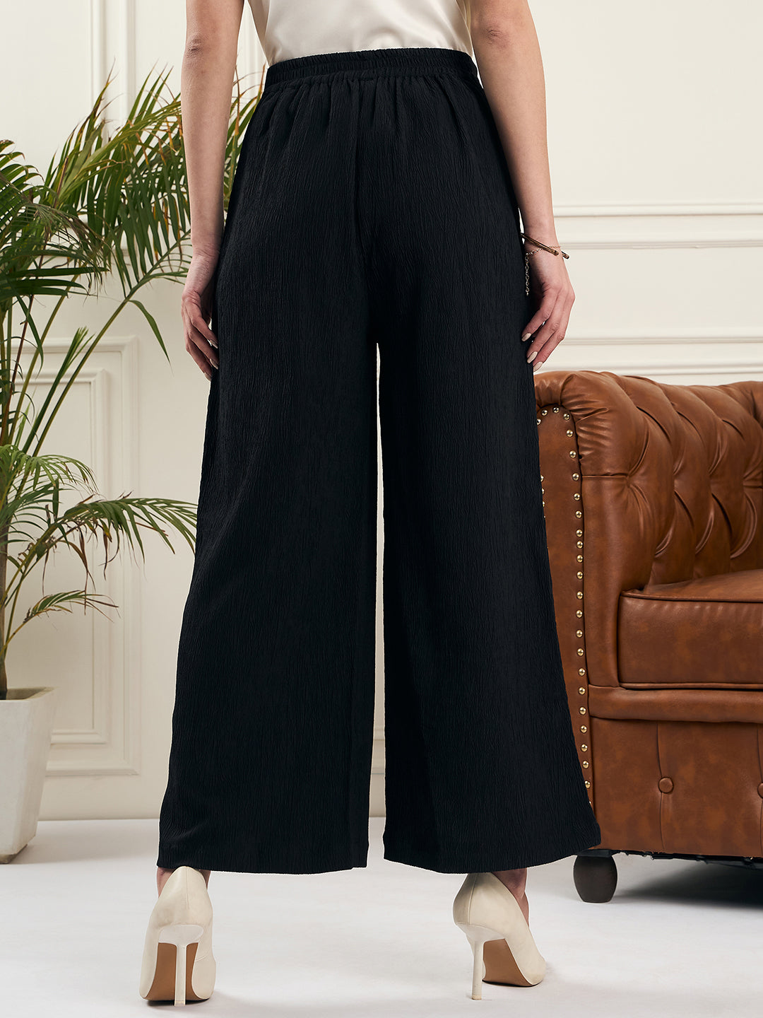 Noi Women Black Solid Textured Relax Fit Mid-Waist Trouser-Trousers-StyleQuotient