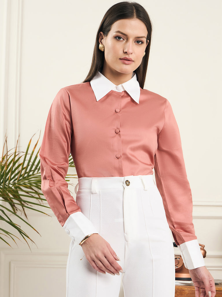 Noi Women Peach Colour Block With Full Sleeves Formal Shirt-Shirts-StyleQuotient