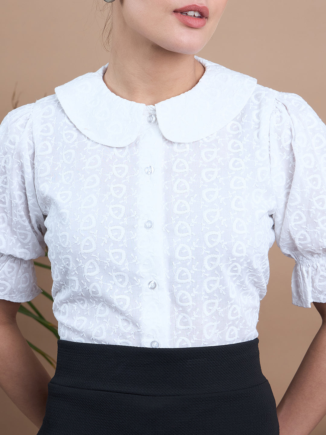 Noi Women White Schiffli Puff Sleeve Formal Shirt-Shirts-StyleQuotient