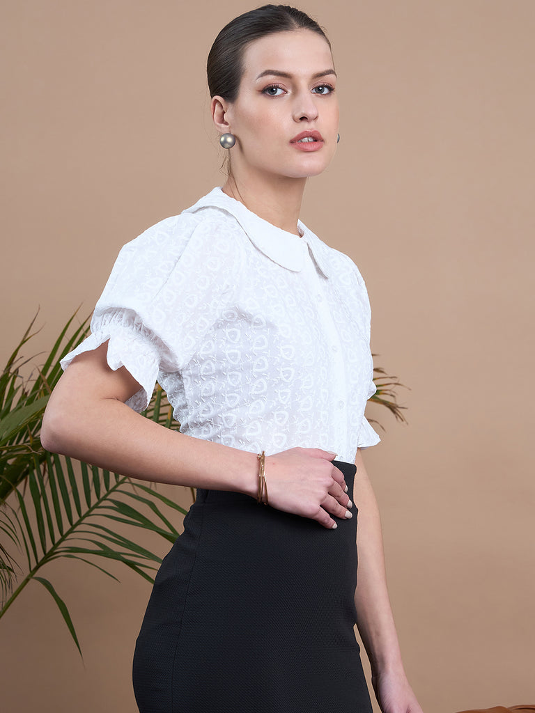 Noi Women White Schiffli Puff Sleeve Formal Shirt-Shirts-StyleQuotient