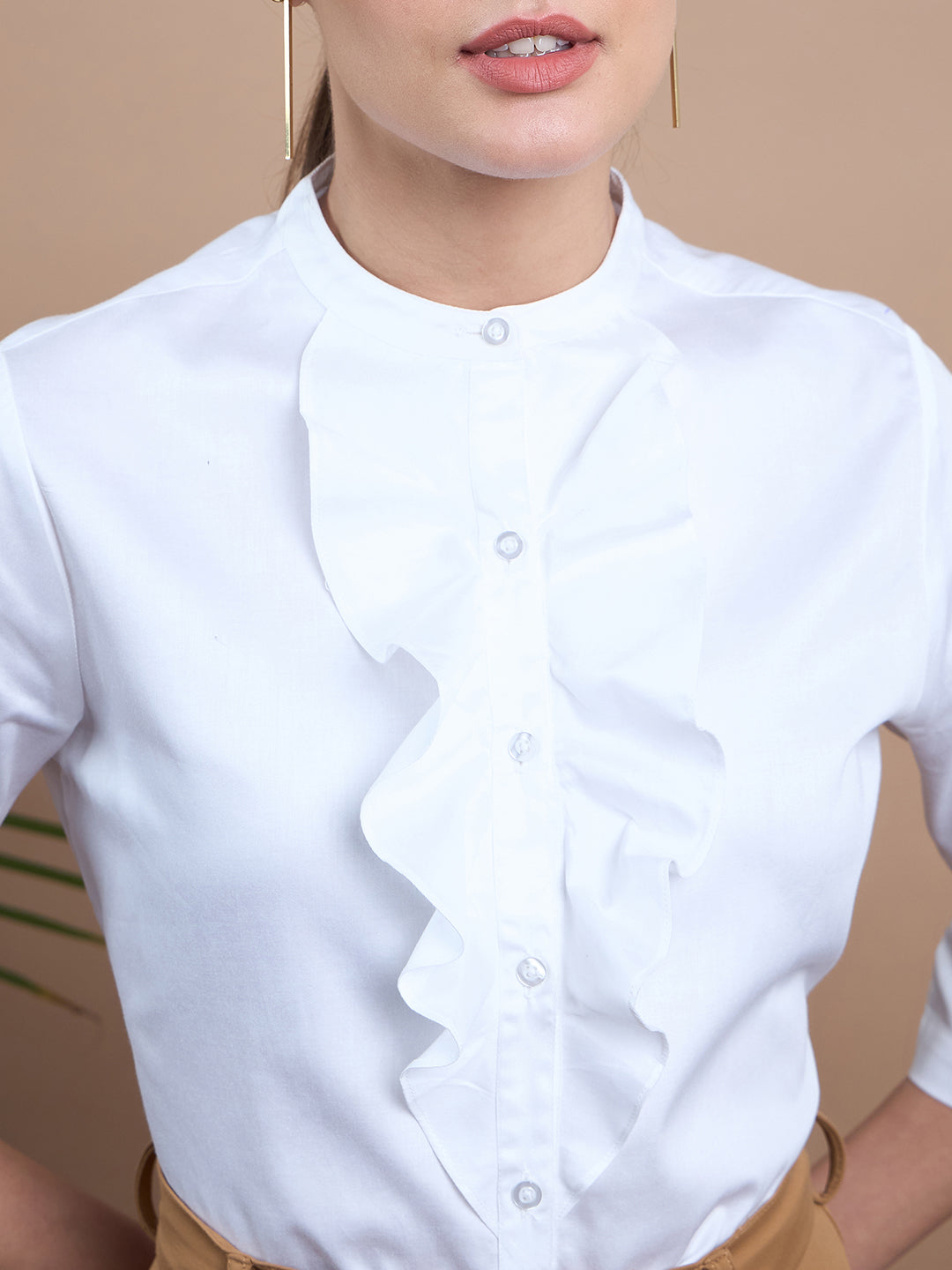 Noi Women White Solid Satin With Ruffles Formal Shirt-Shirts-StyleQuotient