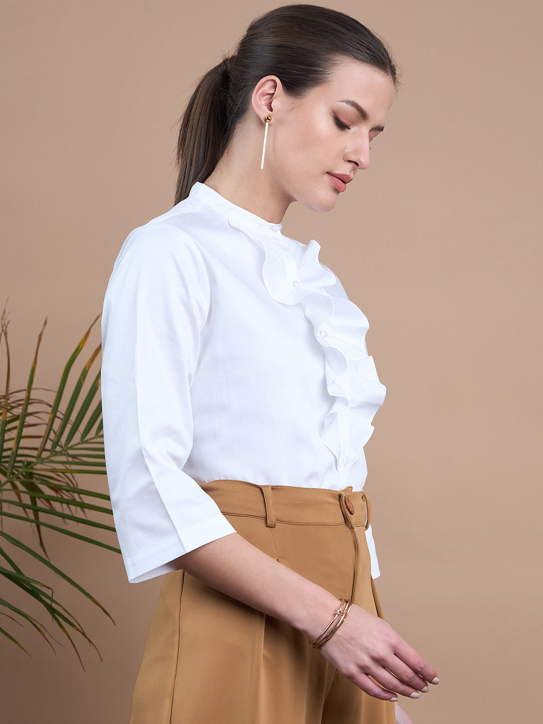 Noi Women White Solid Satin With Ruffles Formal Shirt-Shirts-StyleQuotient