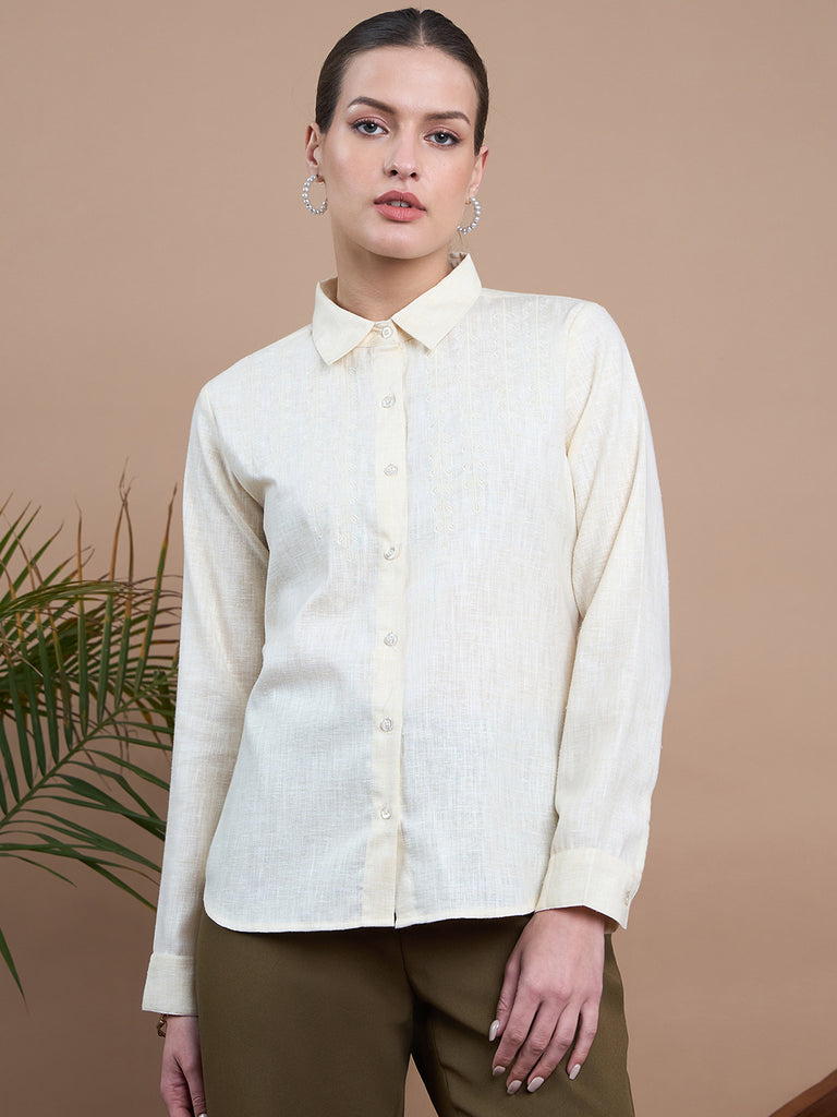 Noi Women Cream Solid Embroidered With Full Sleeves Formal Shirt-Shirts-StyleQuotient