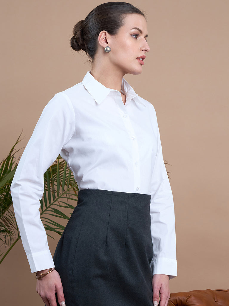 Noi Women White Solid Cotton With Full Sleeves Formal Shirt-Shirts-StyleQuotient