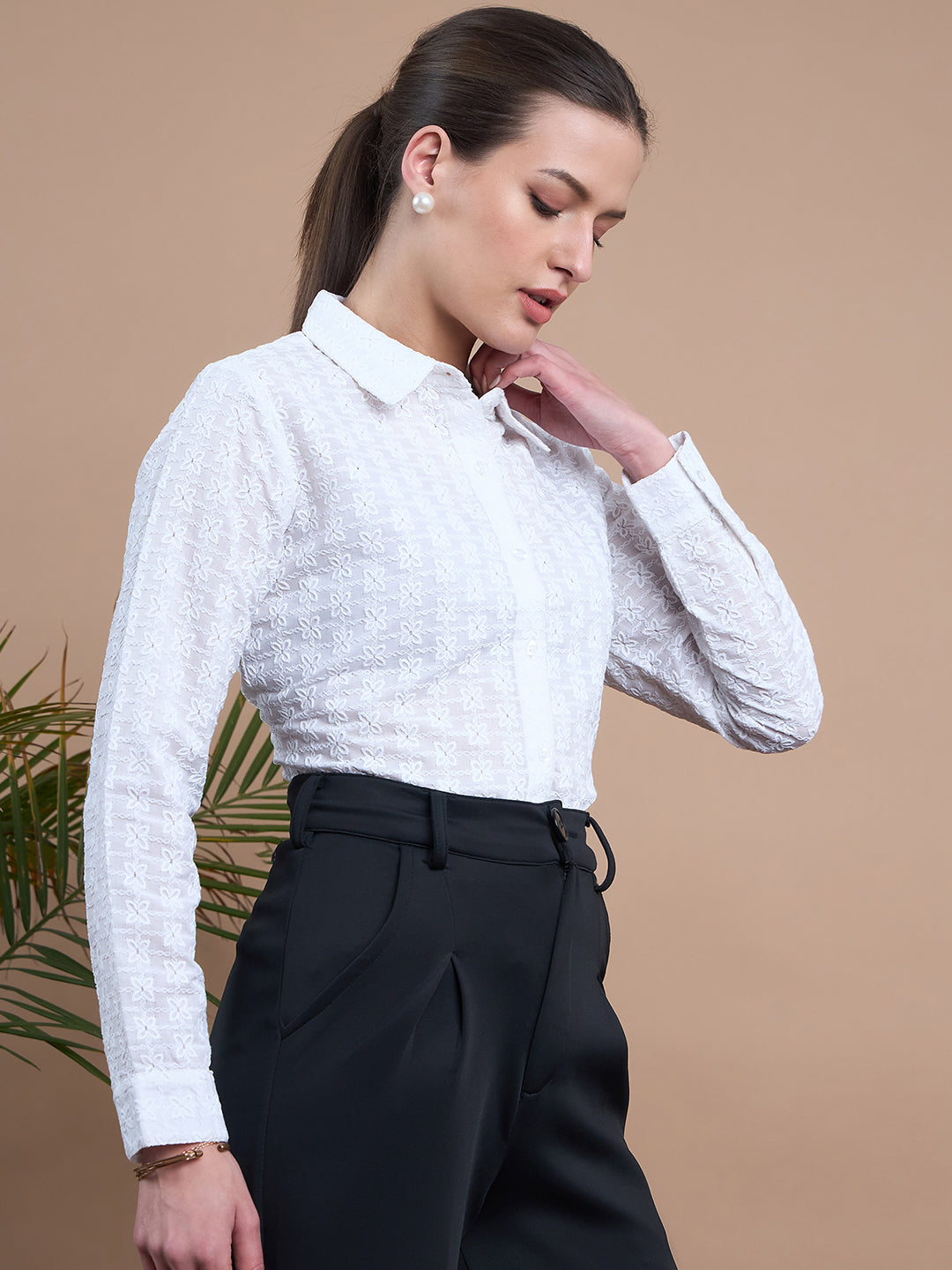 Noi Women White Schiffli With Full Sleeves Formal Shirt-Shirts-StyleQuotient