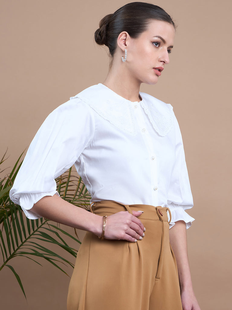 Noi Women White Embroidered With Puff Sleeve Shirt-Shirts-StyleQuotient