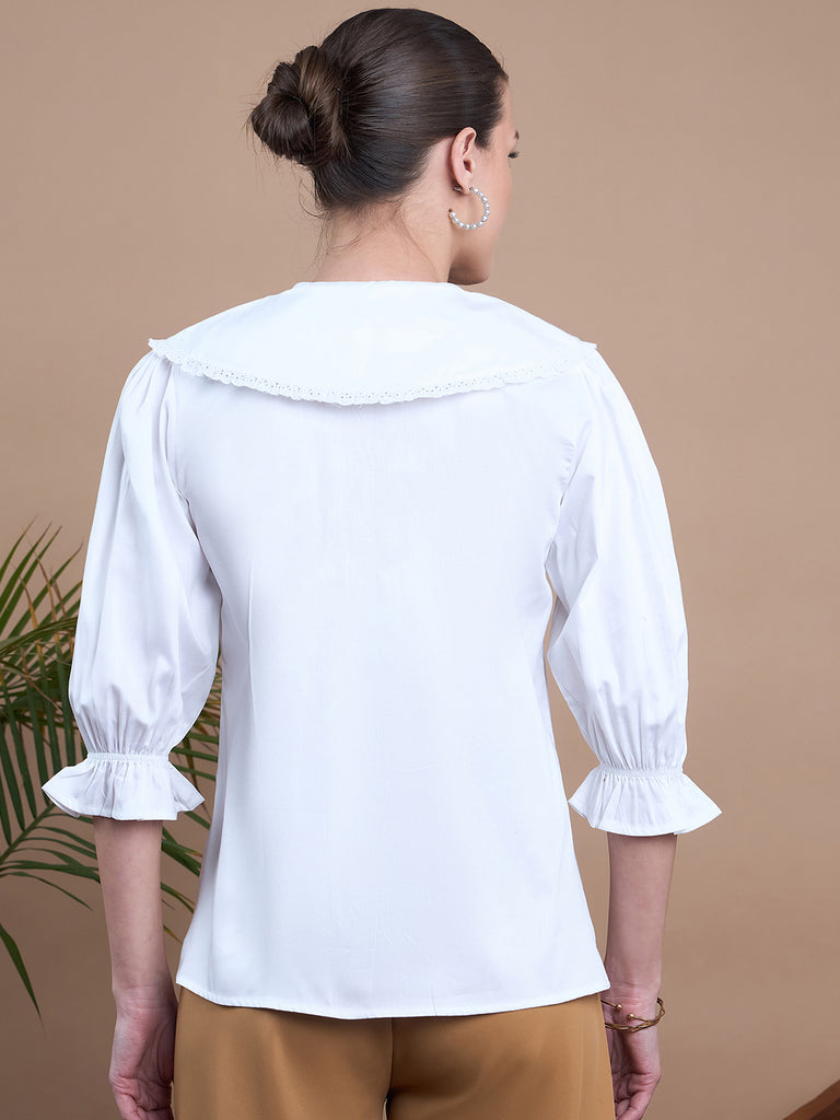 Noi Women White Embroidered With Puff Sleeve Shirt-Shirts-StyleQuotient