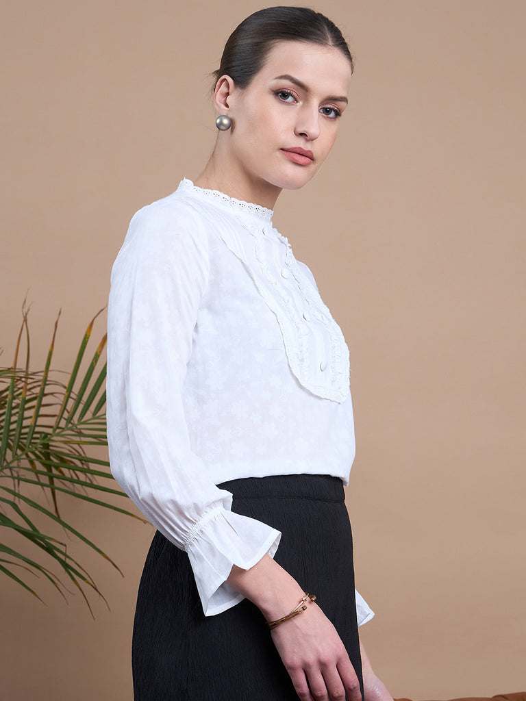 Noi Women White Solid With Full Sleeves Bib Top-Tops-StyleQuotient