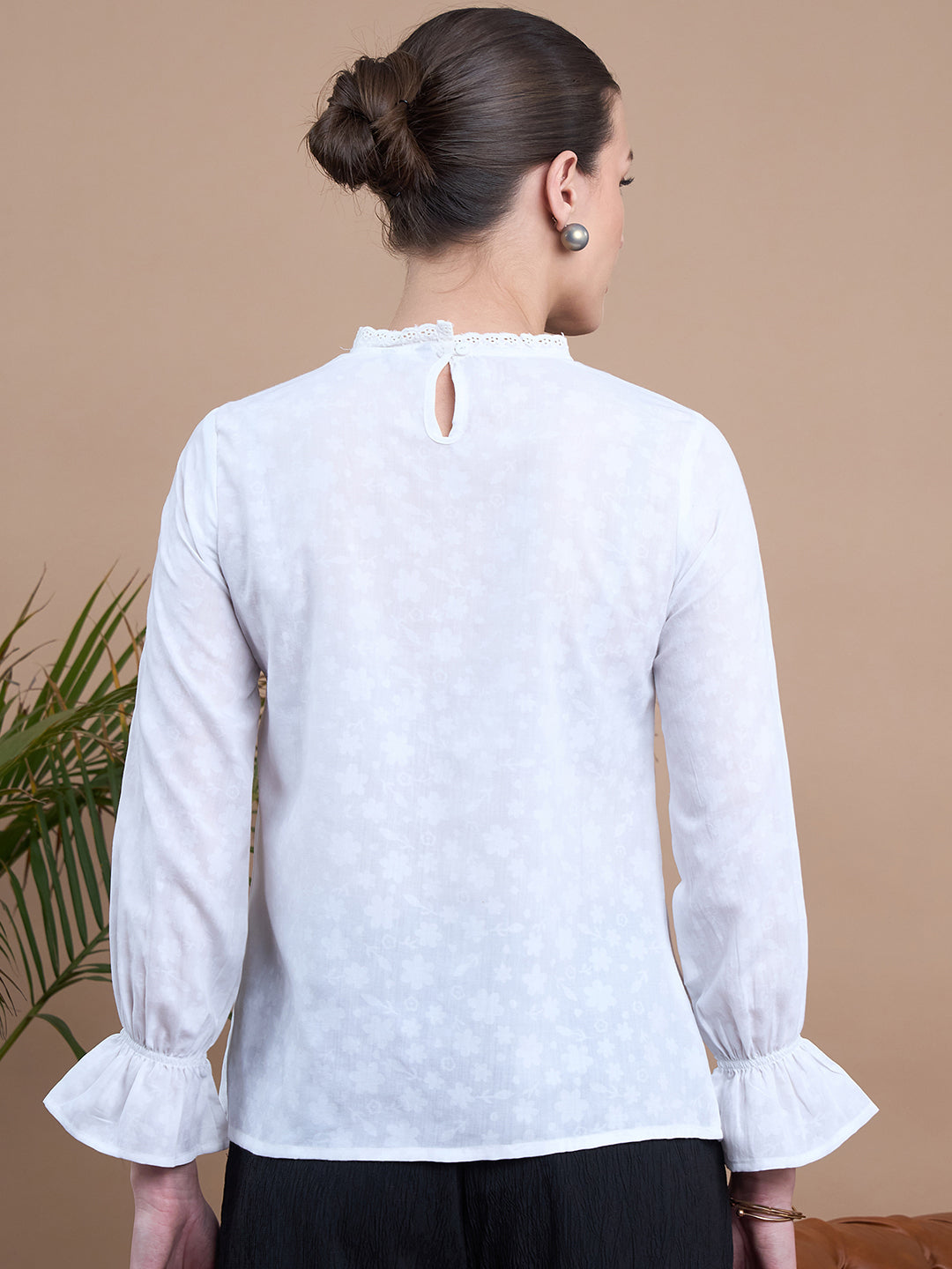 Noi Women White Solid With Full Sleeves Bib Top-Tops-StyleQuotient