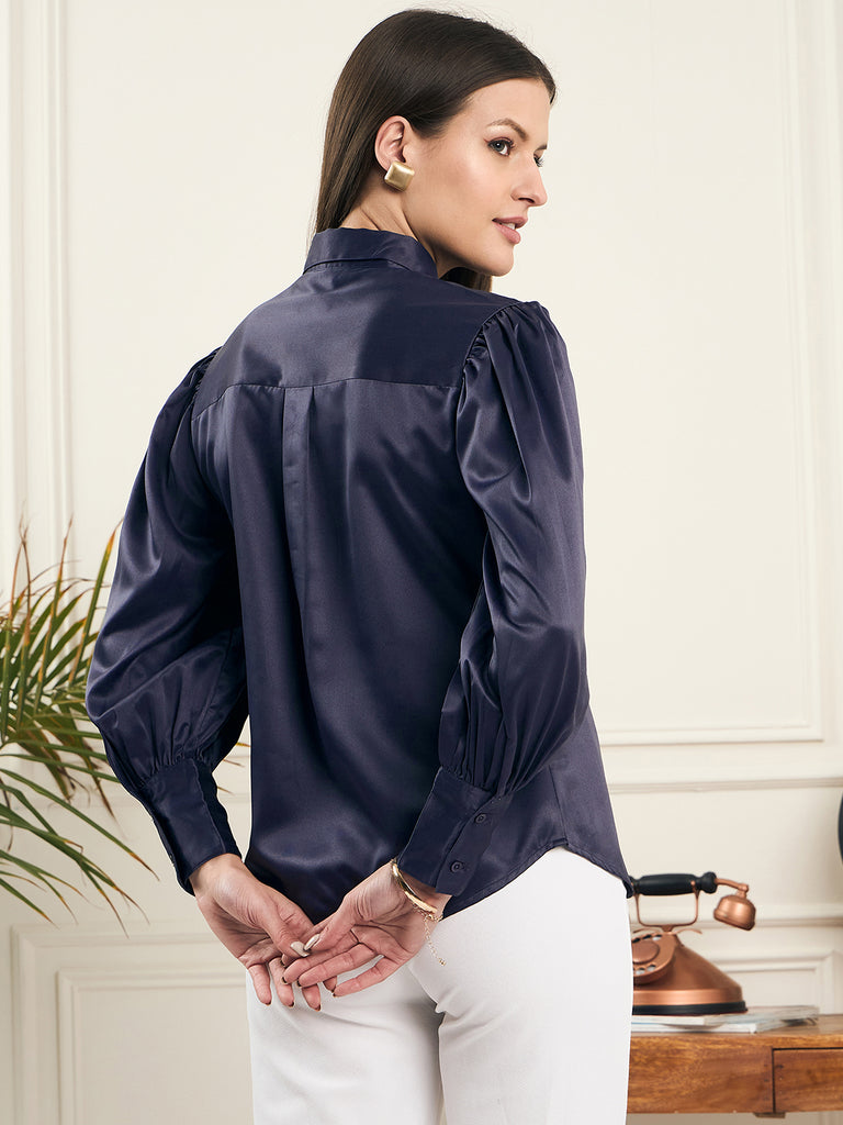 Noi Women Grey Solid Satin With Full Sleeves Formal Shirt-Shirts-StyleQuotient