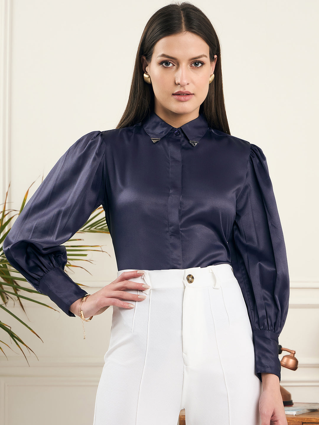 Noi Women Grey Solid Satin With Full Sleeves Formal Shirt-Shirts-StyleQuotient