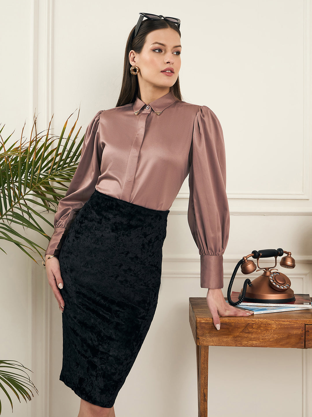 Noi Women Tan Solid Satin With Full Sleeves Formal Shirt-Shirts-StyleQuotient