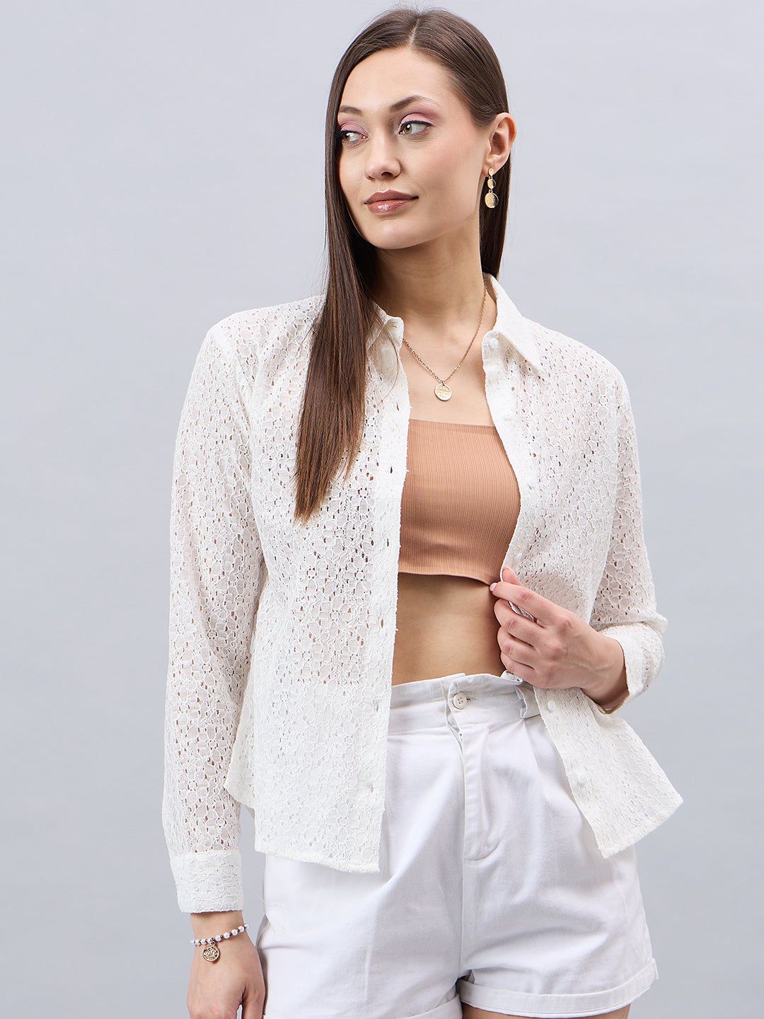 Style Quotient Women Self White Lace Regular Shirt-Shirts-StyleQuotient