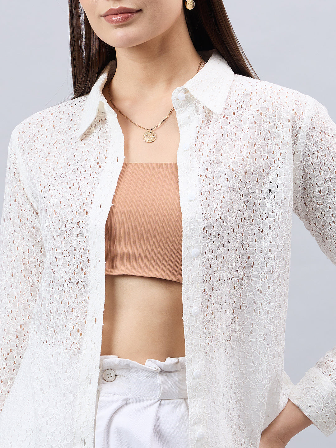 Style Quotient Women Self White Lace Regular Shirt-Shirts-StyleQuotient