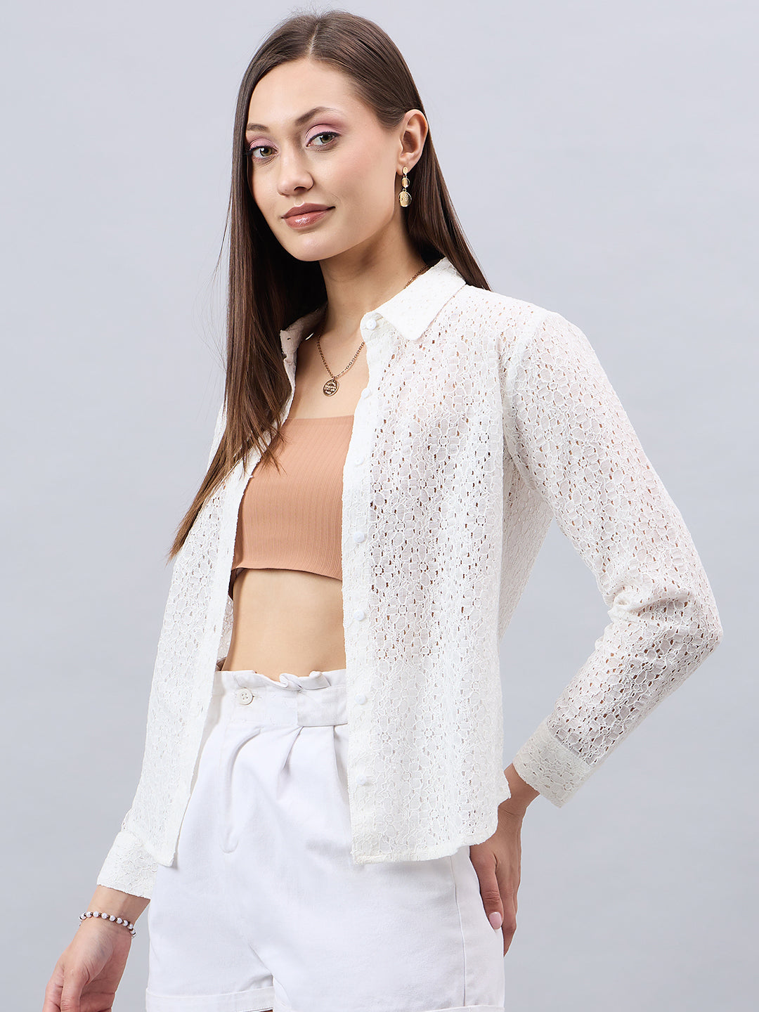 Style Quotient Women Self White Lace Regular Shirt-Shirts-StyleQuotient