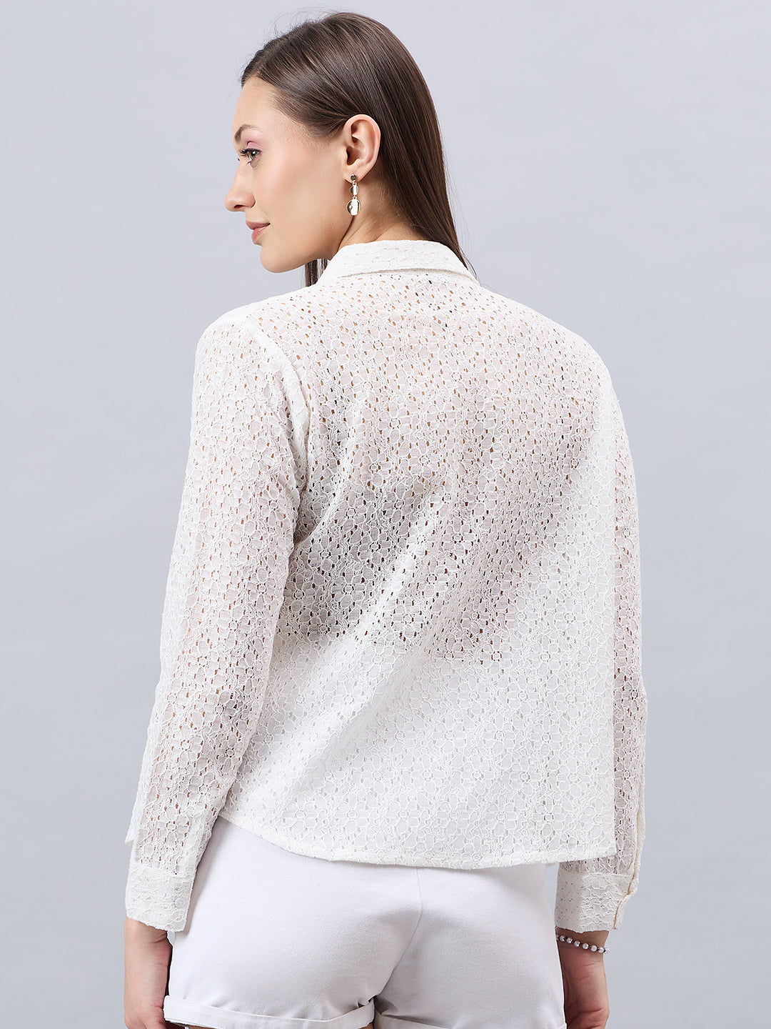 Style Quotient Women Self White Lace Regular Shirt-Shirts-StyleQuotient