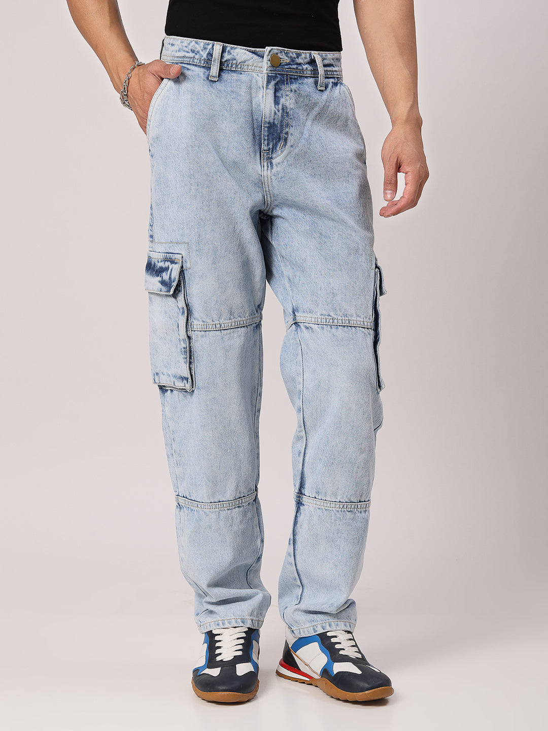 Style Quotient Men Light Blue Relaxed Fit Mid Rise Cargos-Mens Jeans-StyleQuotient