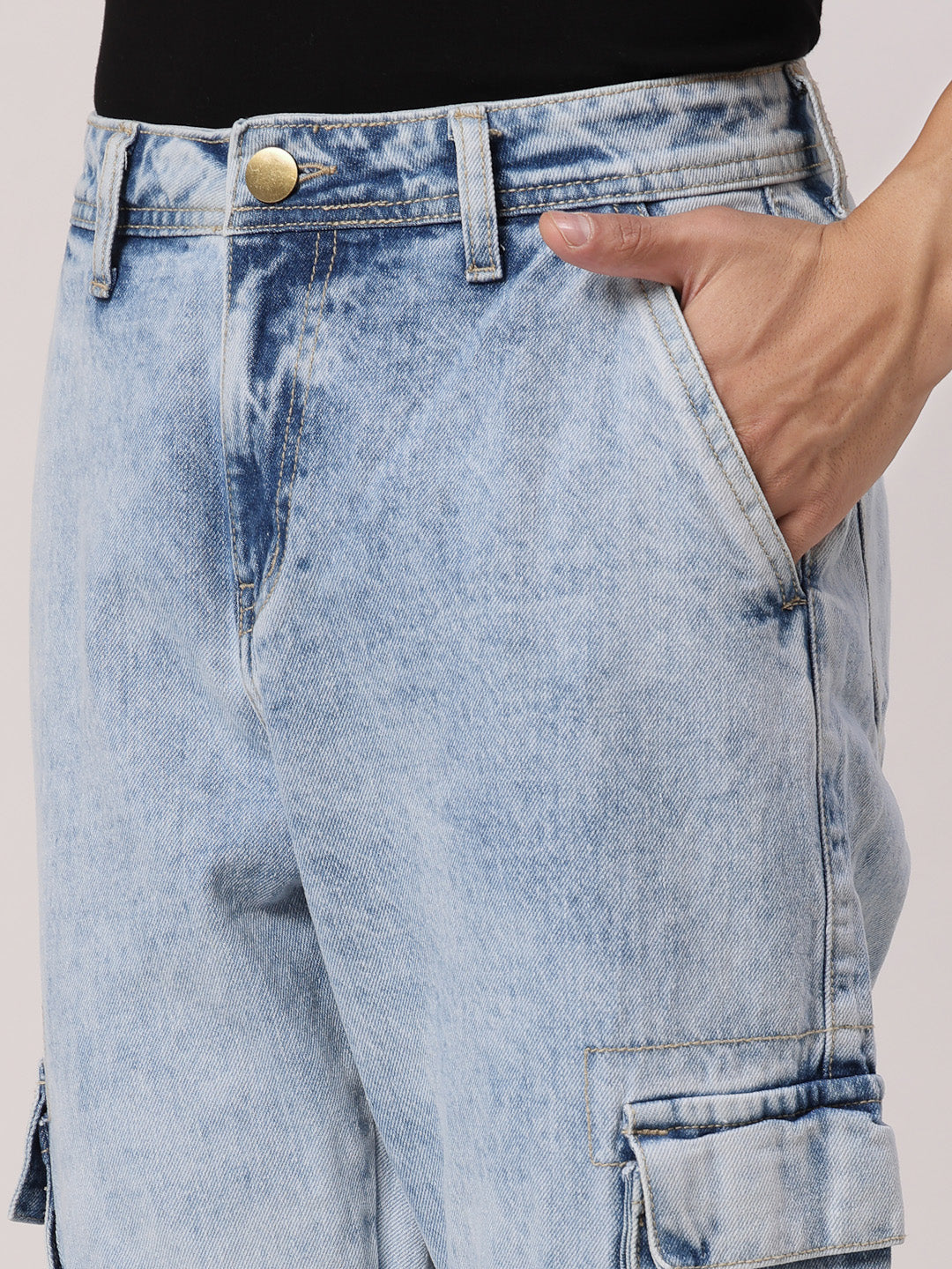 Style Quotient Men Light Blue Relaxed Fit Mid Rise Cargos-Mens Jeans-StyleQuotient