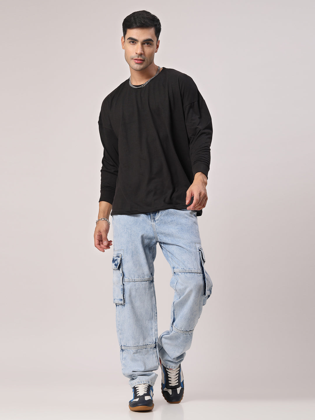 Style Quotient Men Light Blue Relaxed Fit Mid Rise Cargos-Mens Jeans-StyleQuotient