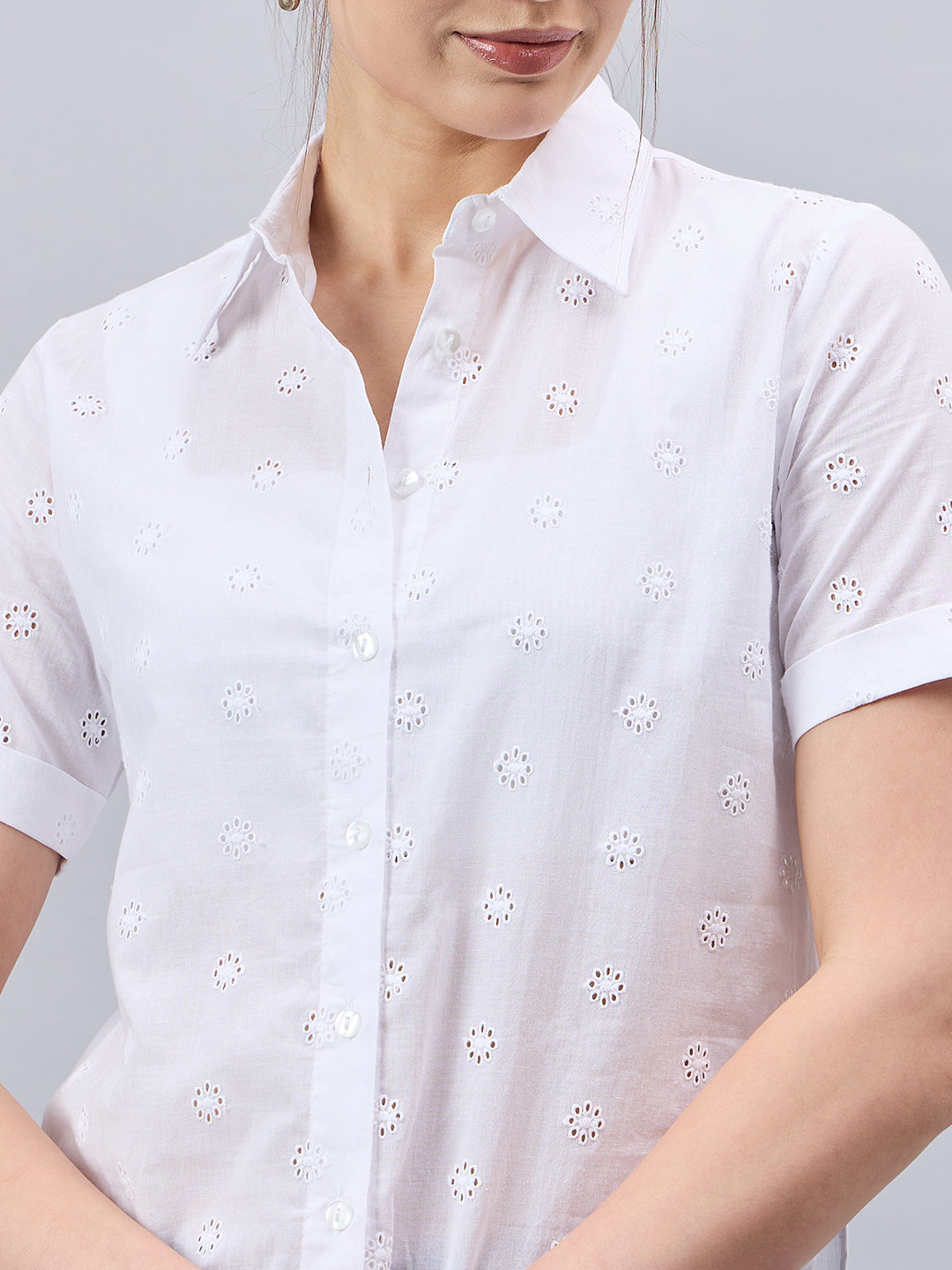 Style Quotient Women Smart White Hakoba Spread Collar Short Sleeve Shirt-Shirts-StyleQuotient