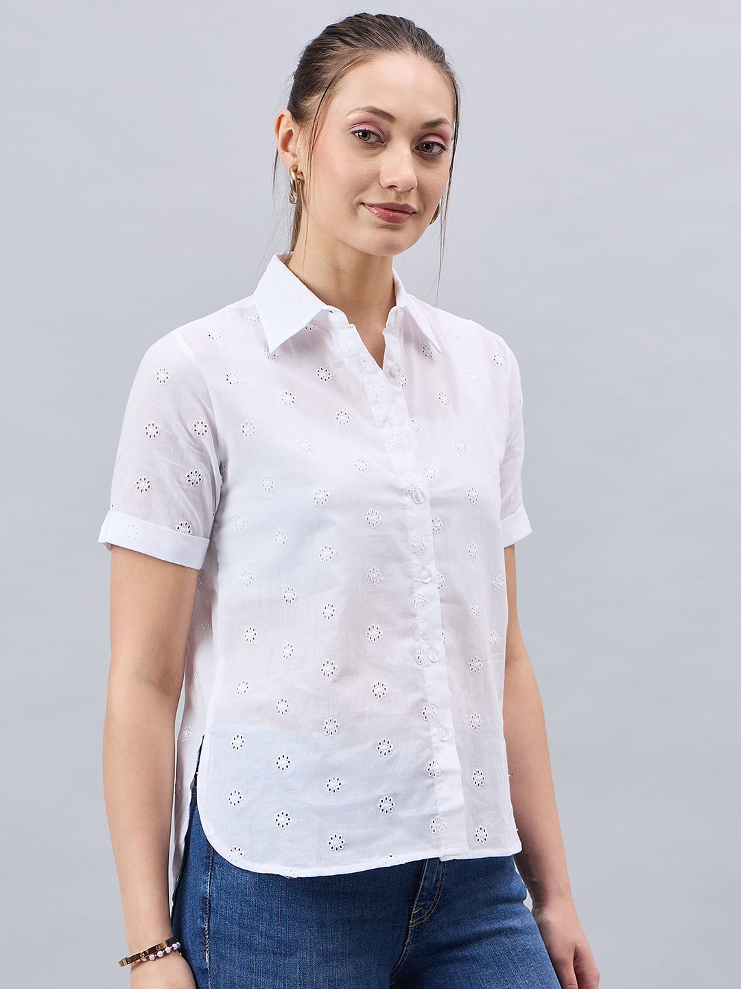 Style Quotient Women Smart White Hakoba Spread Collar Short Sleeve Shirt-Shirts-StyleQuotient