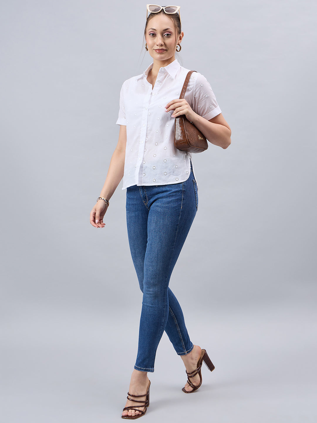 Style Quotient Women Smart White Hakoba Spread Collar Short Sleeve Shirt-Shirts-StyleQuotient