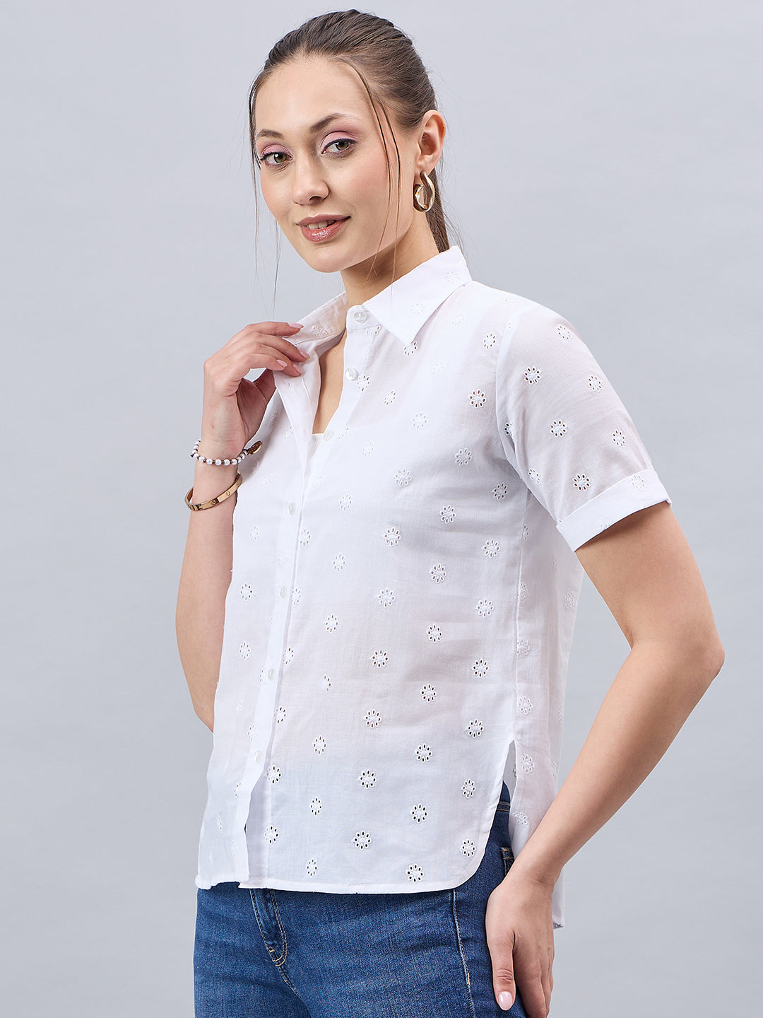 Style Quotient Women Smart White Hakoba Spread Collar Short Sleeve Shirt-Shirts-StyleQuotient