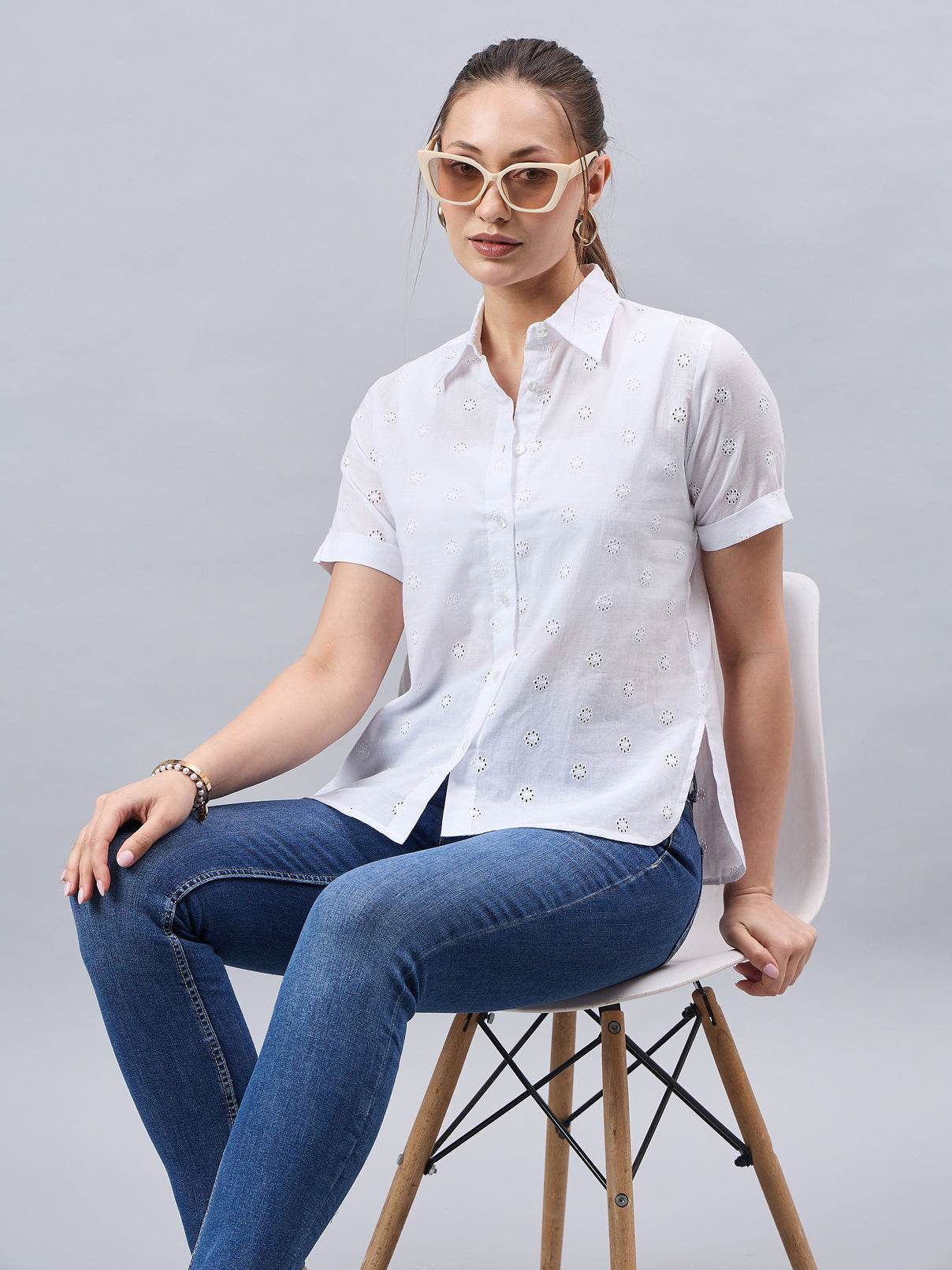 Style Quotient Women Smart White Hakoba Spread Collar Short Sleeve Shirt-Shirts-StyleQuotient