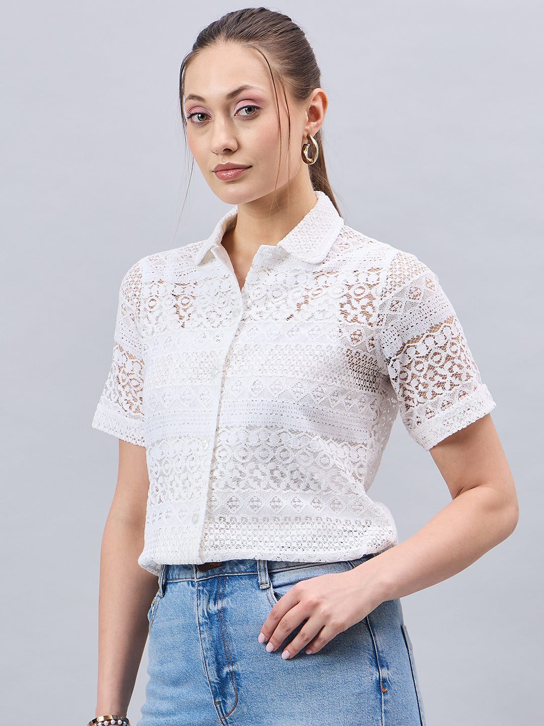 Style Quotients Women White Lace Smart Casual Shirt-Shirts-StyleQuotient