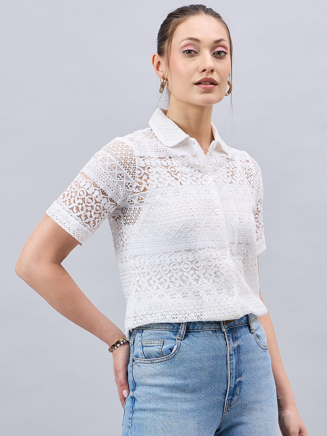 Style Quotients Women White Lace Smart Casual Shirt-Shirts-StyleQuotient