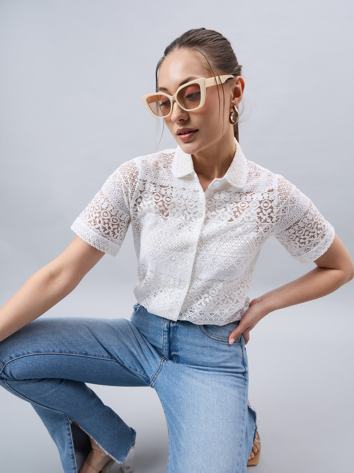 Style Quotients Women White Lace Smart Casual Shirt-Shirts-StyleQuotient