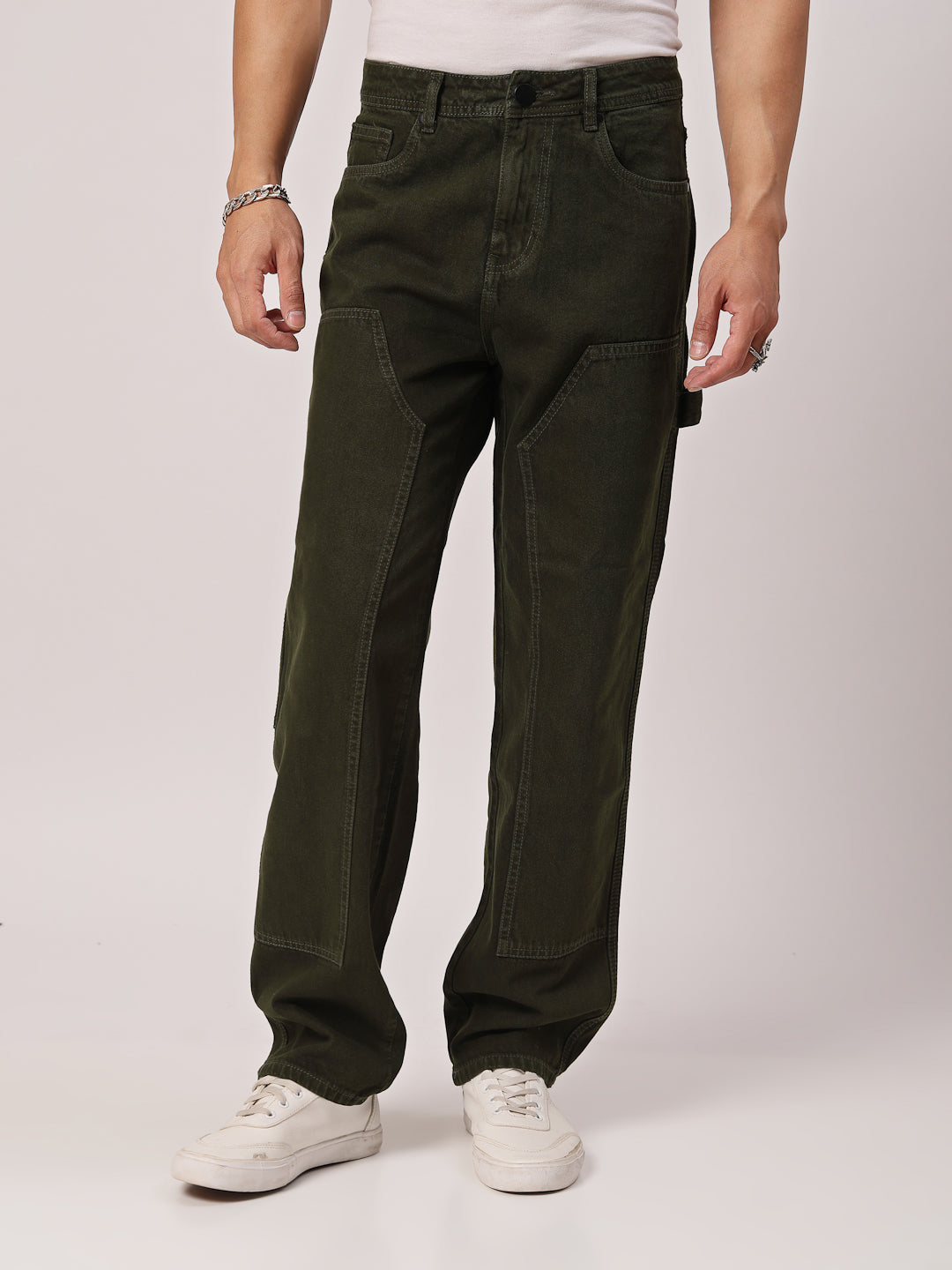 Style Quotient Men Olive Relaxed Fit Mid Rise Carpenter Jeans-Mens Jeans-StyleQuotient