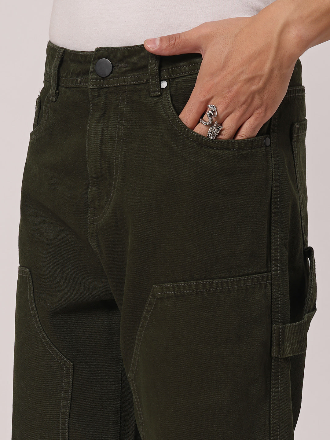 Style Quotient Men Olive Relaxed Fit Mid Rise Carpenter Jeans-Mens Jeans-StyleQuotient