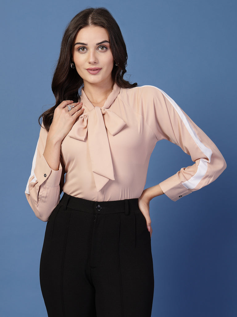 Style Quotient Women Solid Nude And White Polymoss Regular Fit Formal Colorblock Shirt-Shirts-StyleQuotient