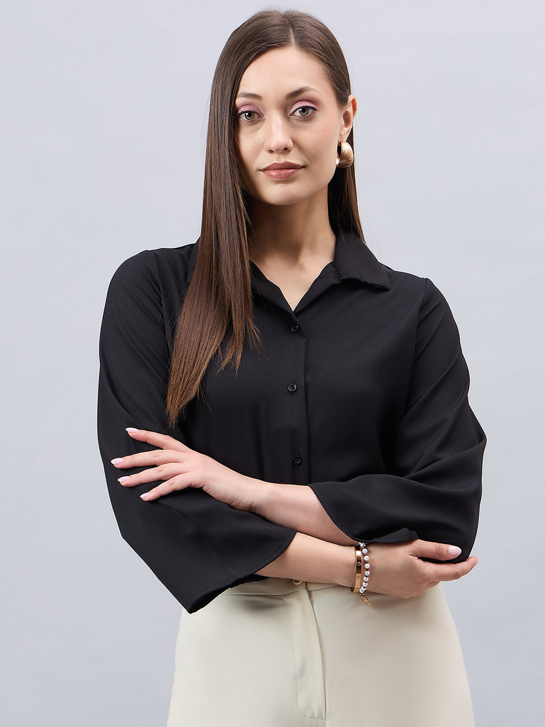 Style Quotient Women Black Solid Regular Fit Shirt-Shirts-StyleQuotient