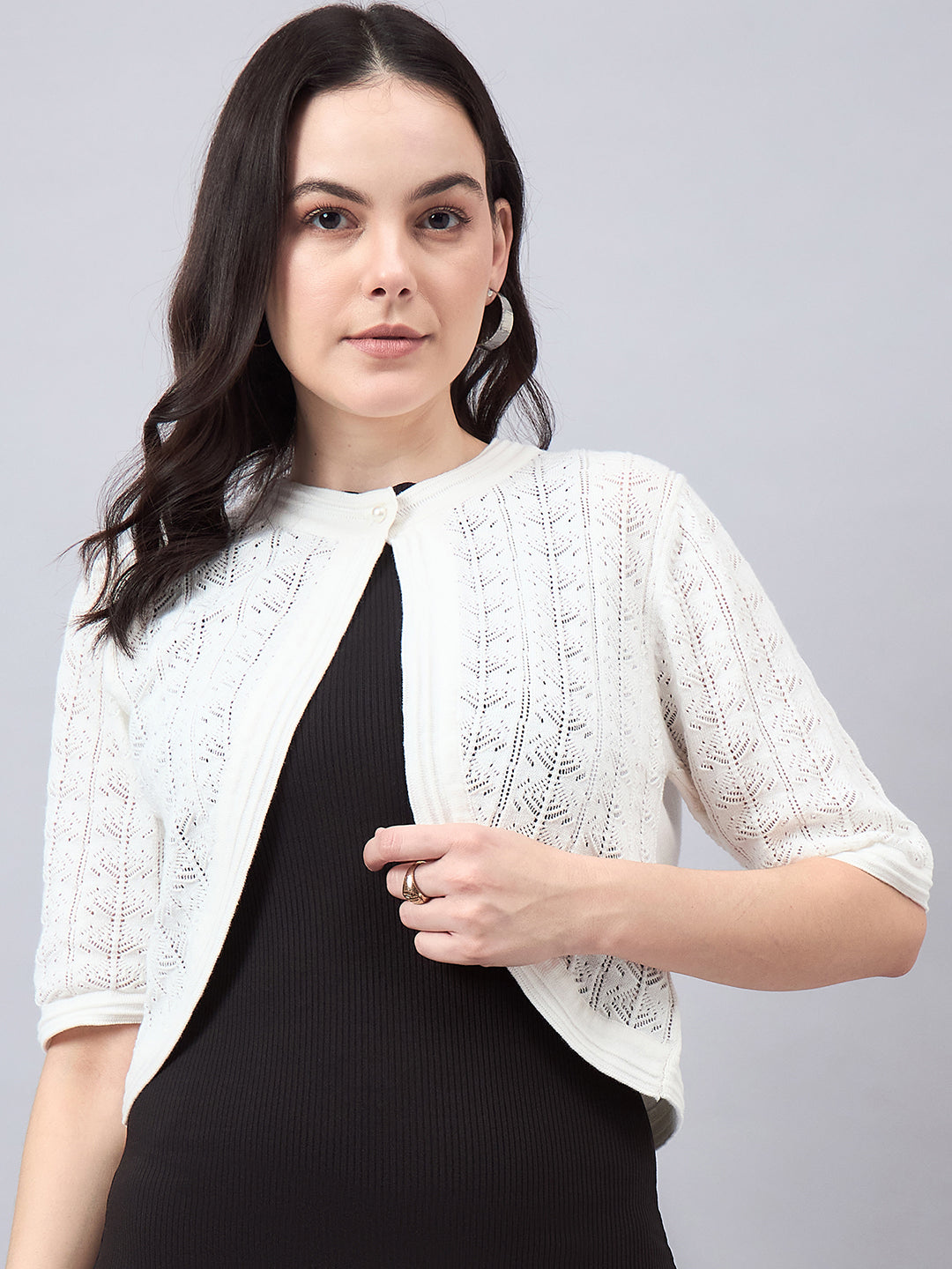 Style Quotient Women Self Design White Flat Knit Smart Casual Shrug-Shrug-StyleQuotient