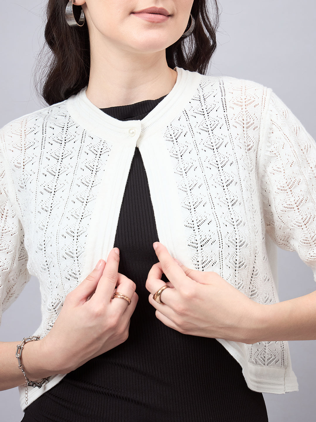 Style Quotient Women Self Design White Flat Knit Smart Casual Shrug-Shrug-StyleQuotient