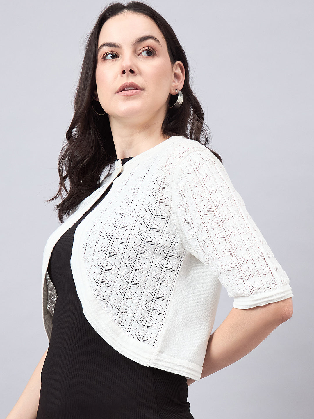 Style Quotient Women Self Design White Flat Knit Smart Casual Shrug-Shrug-StyleQuotient