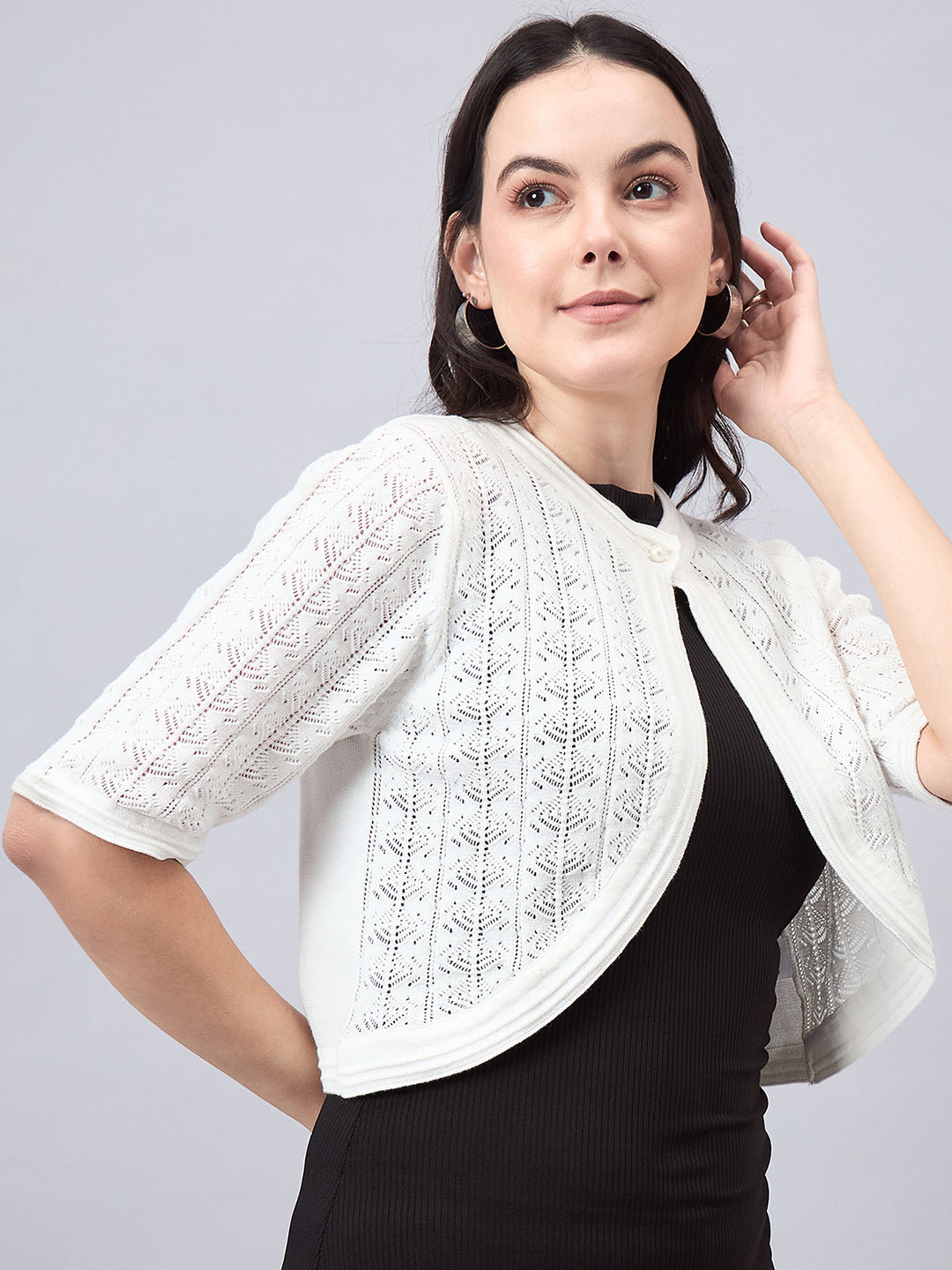 Style Quotient Women Self Design White Flat Knit Smart Casual Shrug-Shrug-StyleQuotient