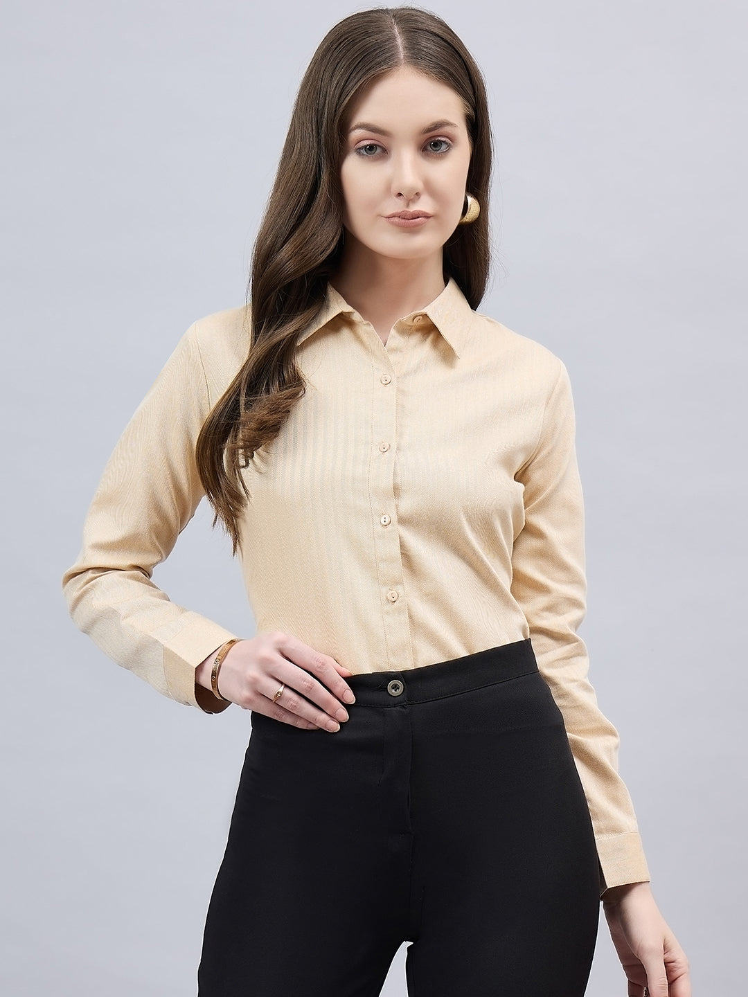 Style Quotient Women Self Design Beige polycotton Formal Shirt-Shirts-StyleQuotient