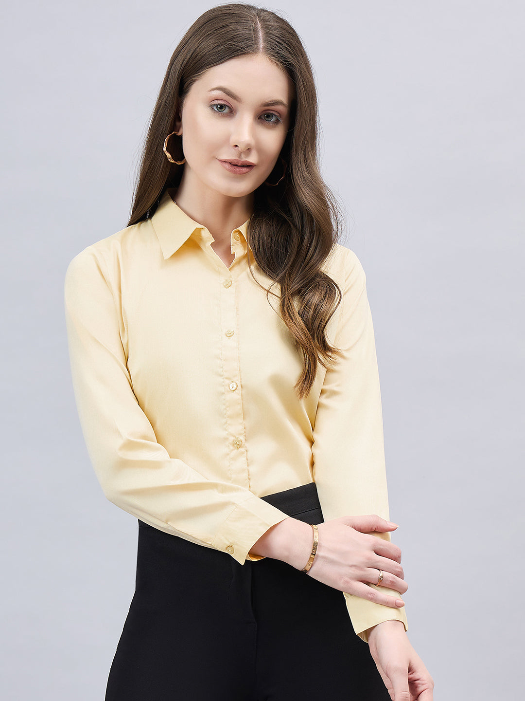 Style Quotient Women Solid Yellow Chambrey Regular Formal Shirt-Shirts-StyleQuotient