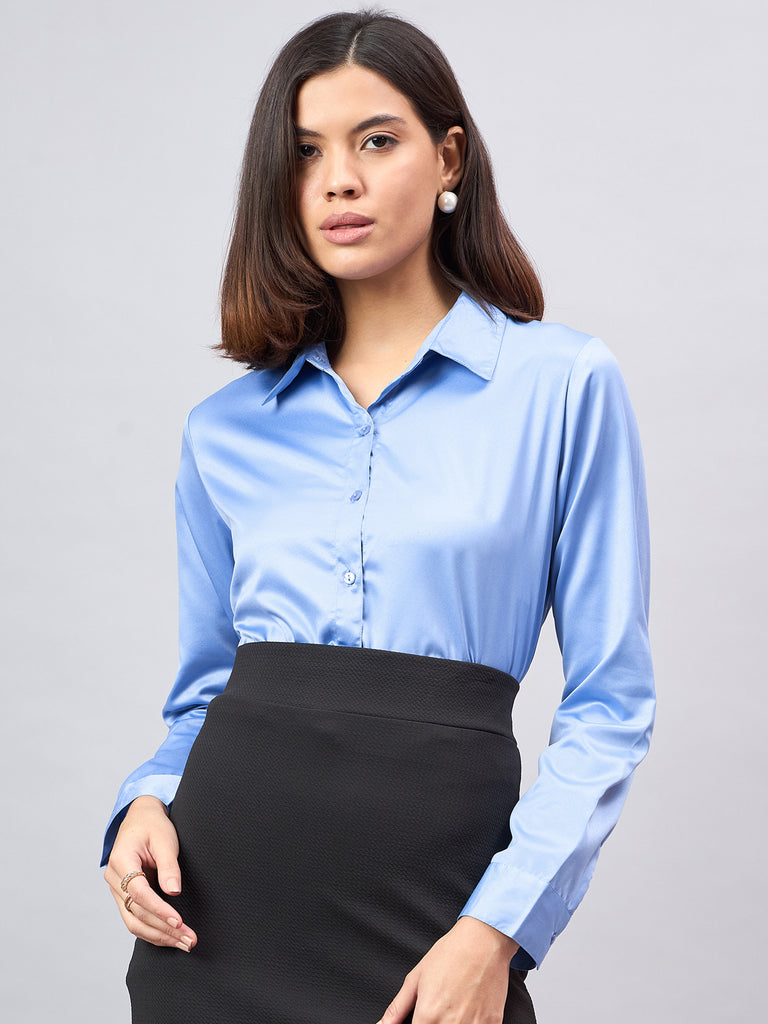 Style Quotient Women Blue Satin Regular Formal Shirt-Shirts-StyleQuotient