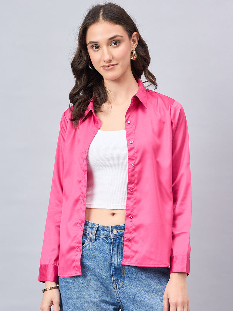 Style Quotient Women Fuchsia Pink Satin Regular Formal Shirt-Shirts-StyleQuotient