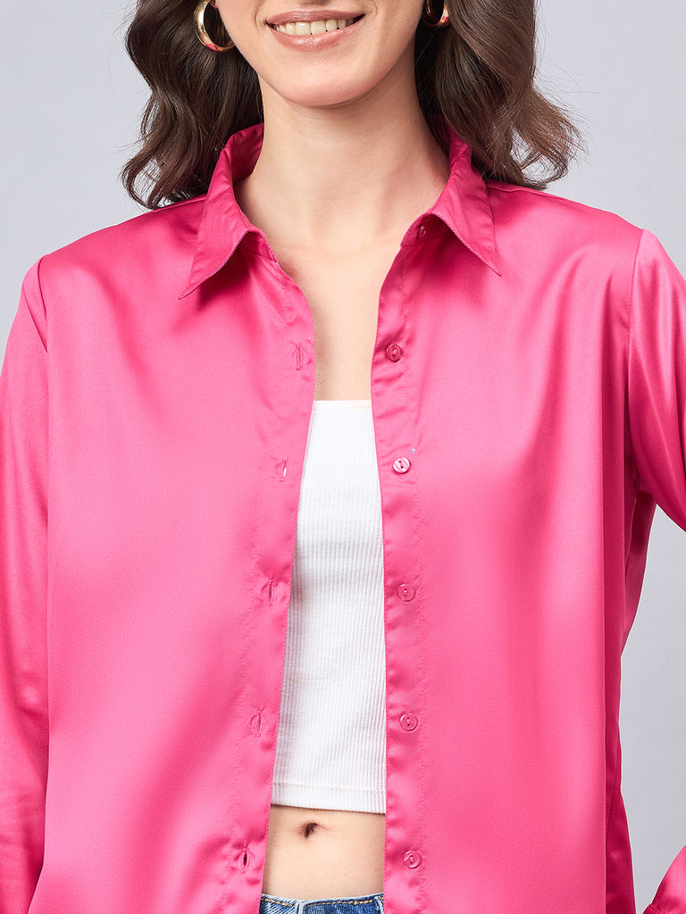 Style Quotient Women Fuchsia Pink Satin Regular Formal Shirt-Shirts-StyleQuotient