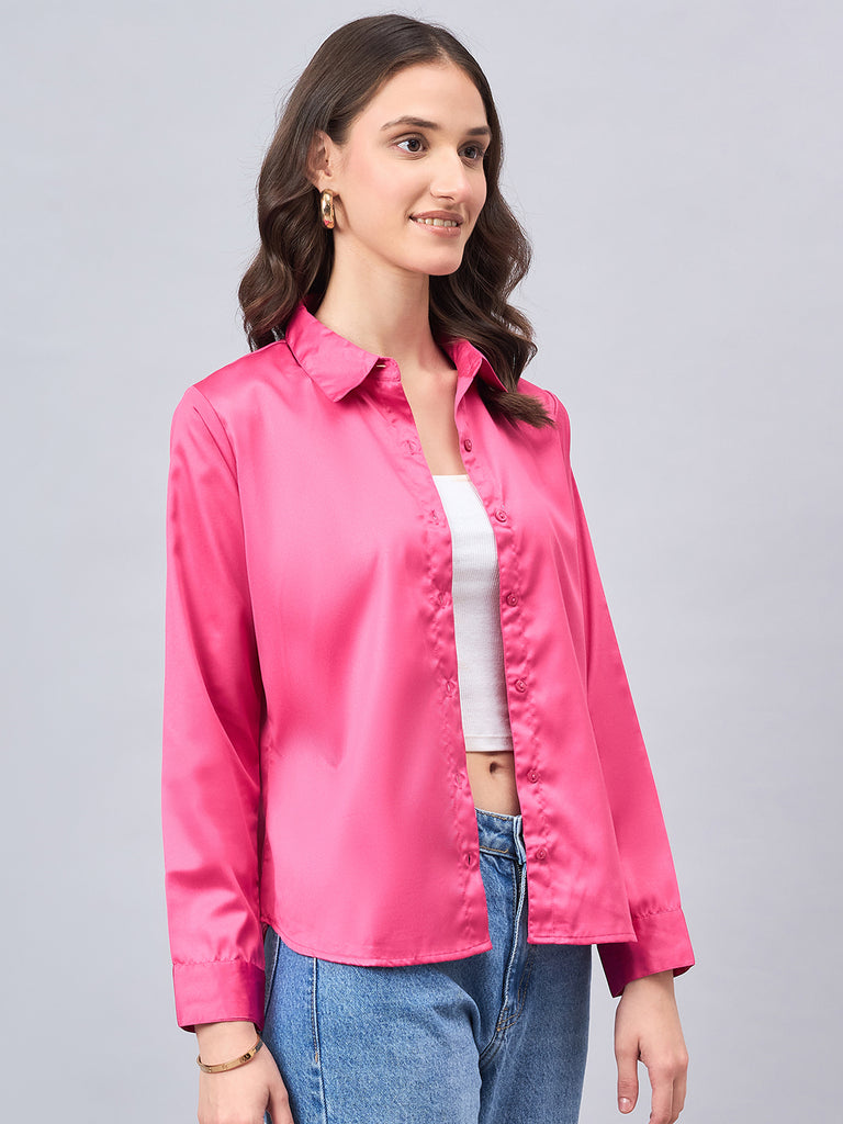 Style Quotient Women Fuchsia Pink Satin Regular Formal Shirt-Shirts-StyleQuotient