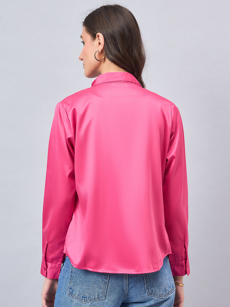 Style Quotient Women Fuchsia Pink Satin Regular Formal Shirt-Shirts-StyleQuotient