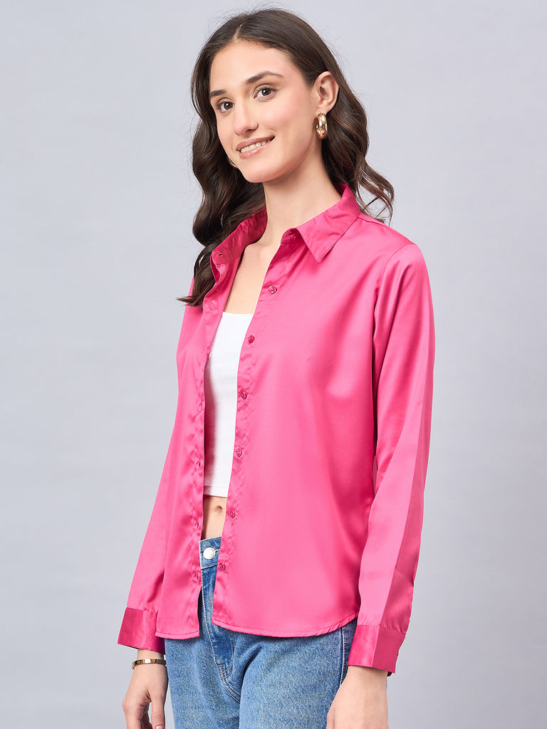 Style Quotient Women Fuchsia Pink Satin Regular Formal Shirt-Shirts-StyleQuotient