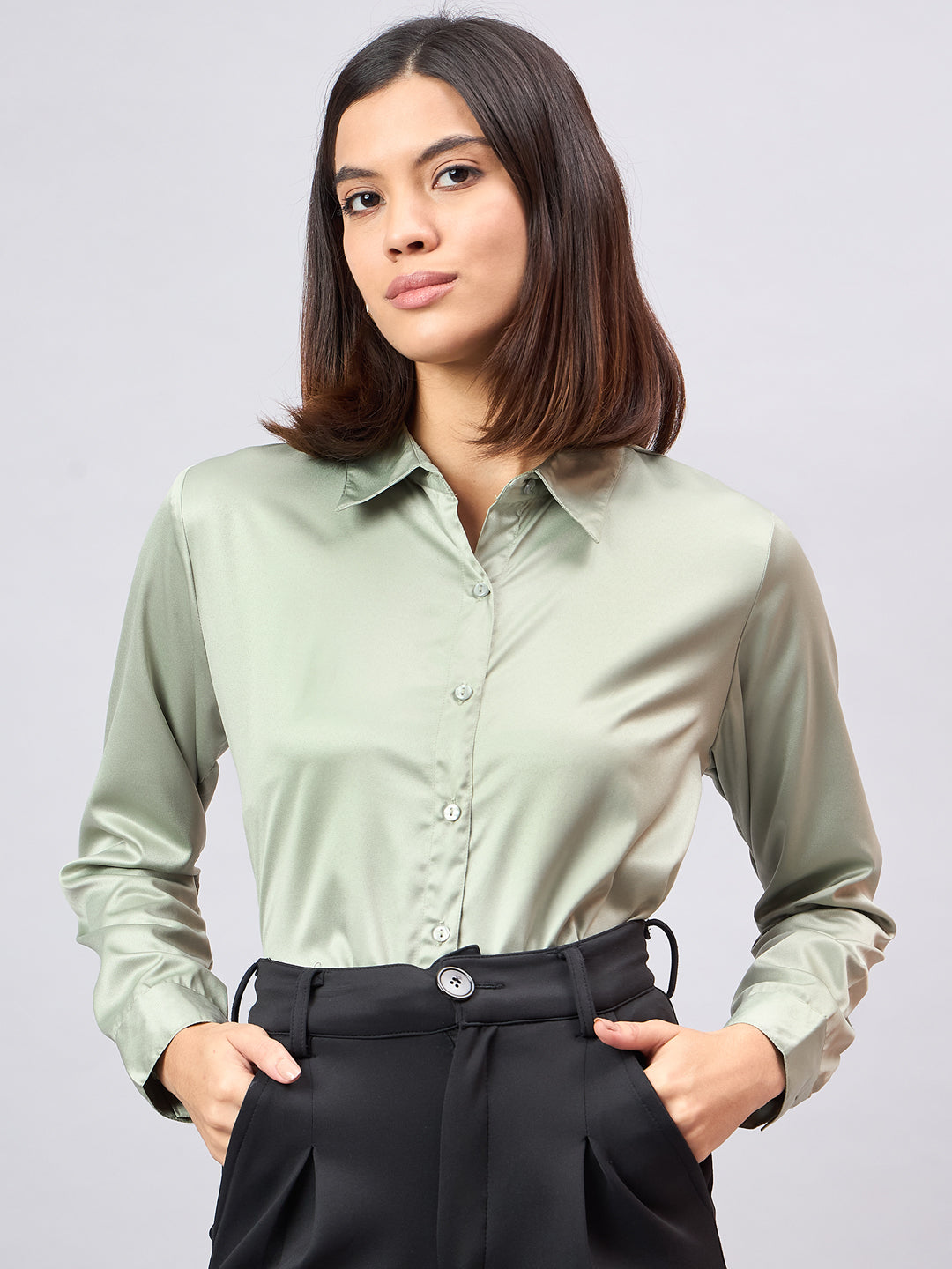 Style Quotient Women Sage Green Satin Regular Formal Shirt Style Quotient Women Sage Green Satin Regular Formal Shirt