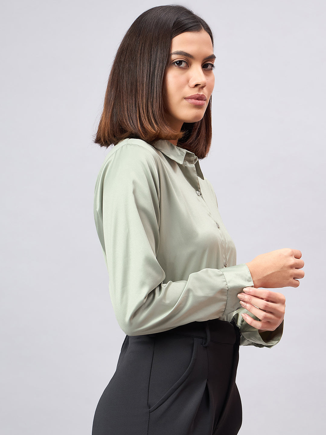 Style Quotient Women Sage Green Satin Regular Formal Shirt-Shirts-StyleQuotient