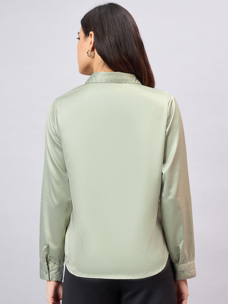 Style Quotient Women Sage Green Satin Regular Formal Shirt-Shirts-StyleQuotient